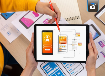 Business owner reviewing developer portfolio for app project